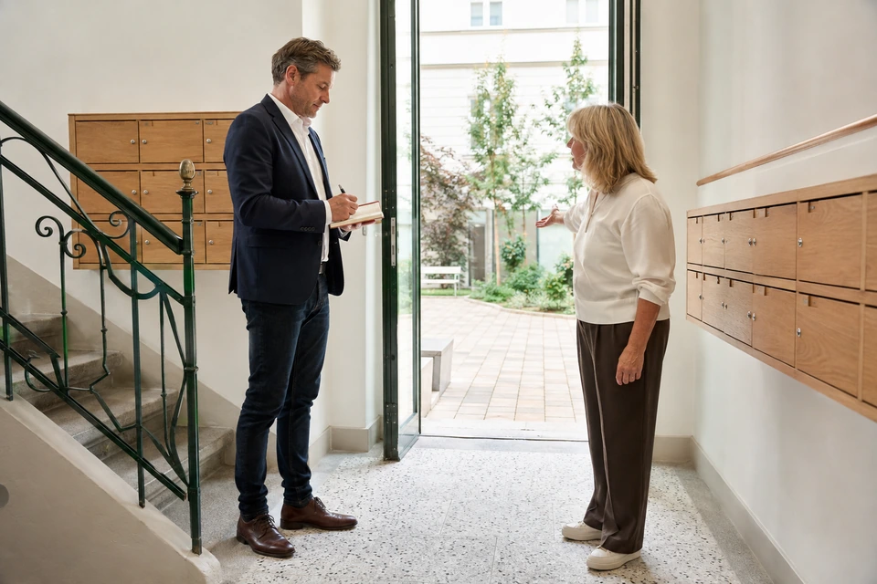 Symbolisches Festhalten von Angaben im Eingangsbereich eines österreichischen Mehrfamilienhauses